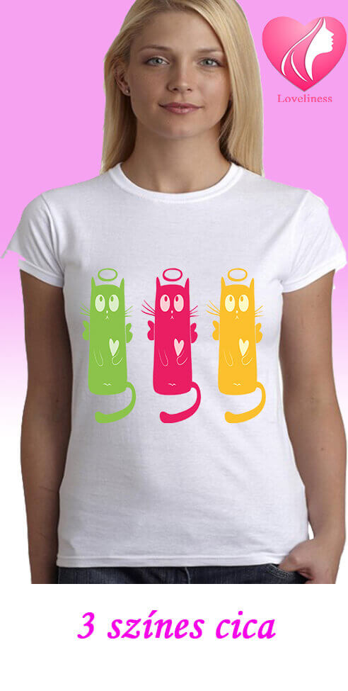 3 színes cica egyedi női macskás póló